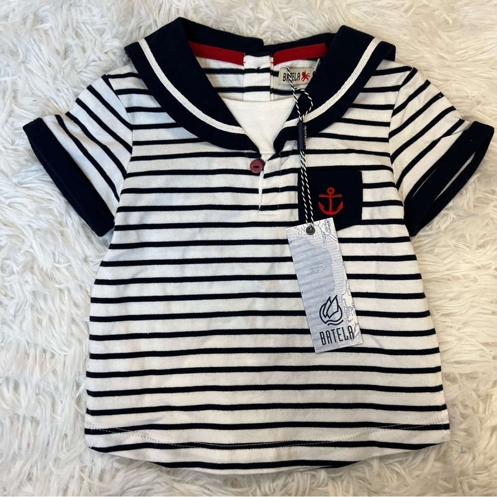 Batela Navy White Nautical Striped Collared Short Sleeve Shirt Kids Size 18M